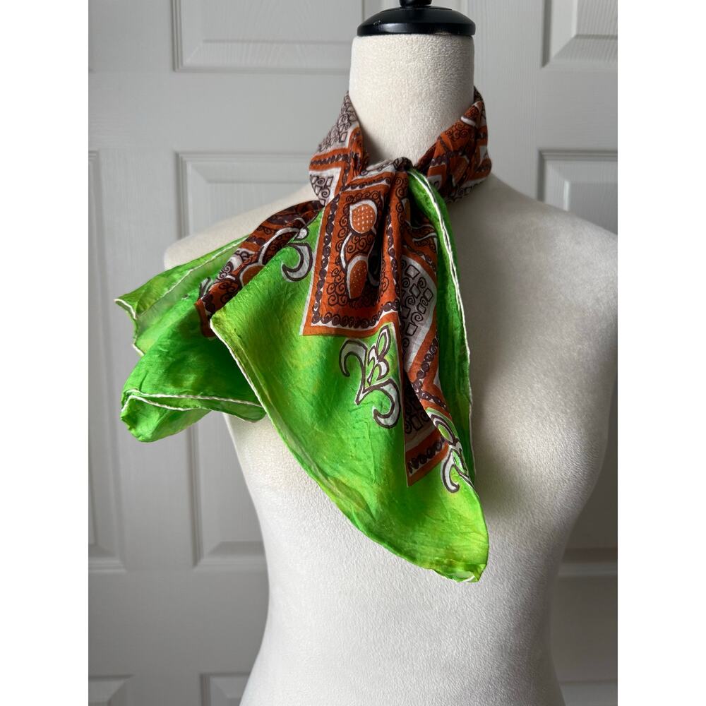 Vintage Silk Scarf Green & Brown Retro 70s Print 34.5” x‎ 32”